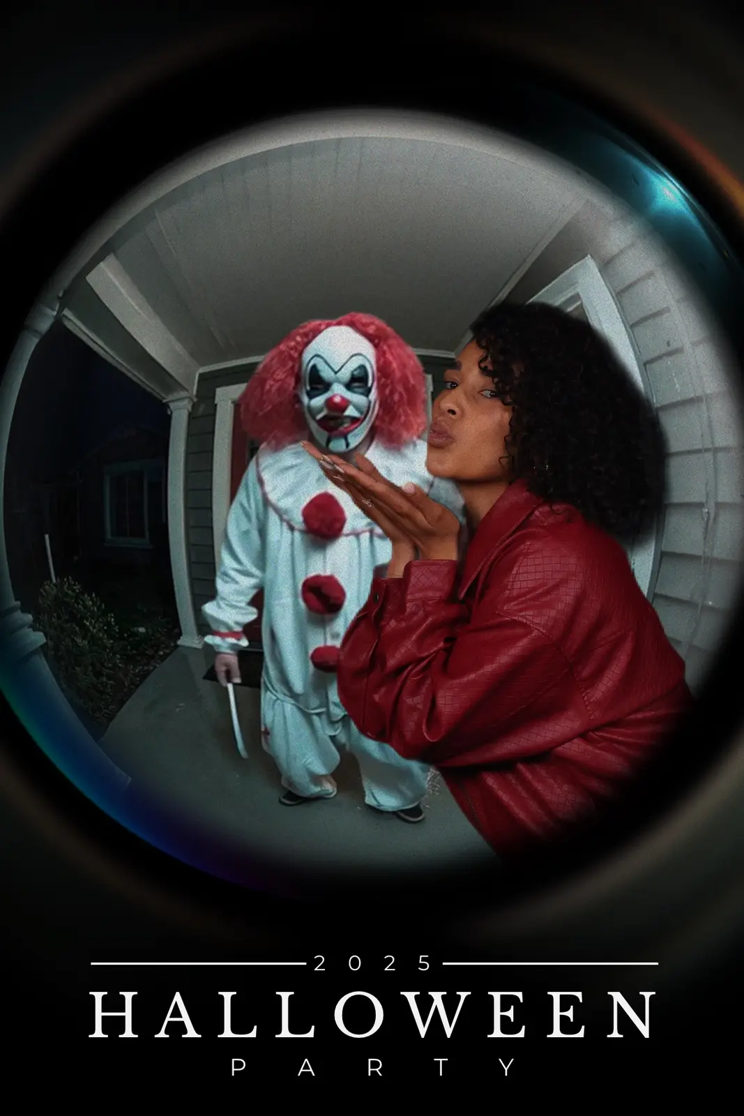 Guest posing playfully in a customized Halloween doorbell photo