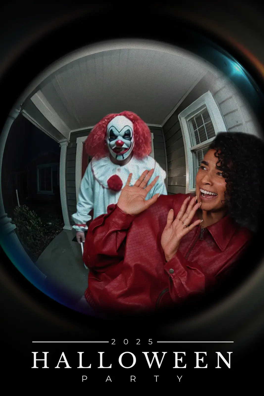 Guest reacting to a Halloween character in a fisheye doorbell photo