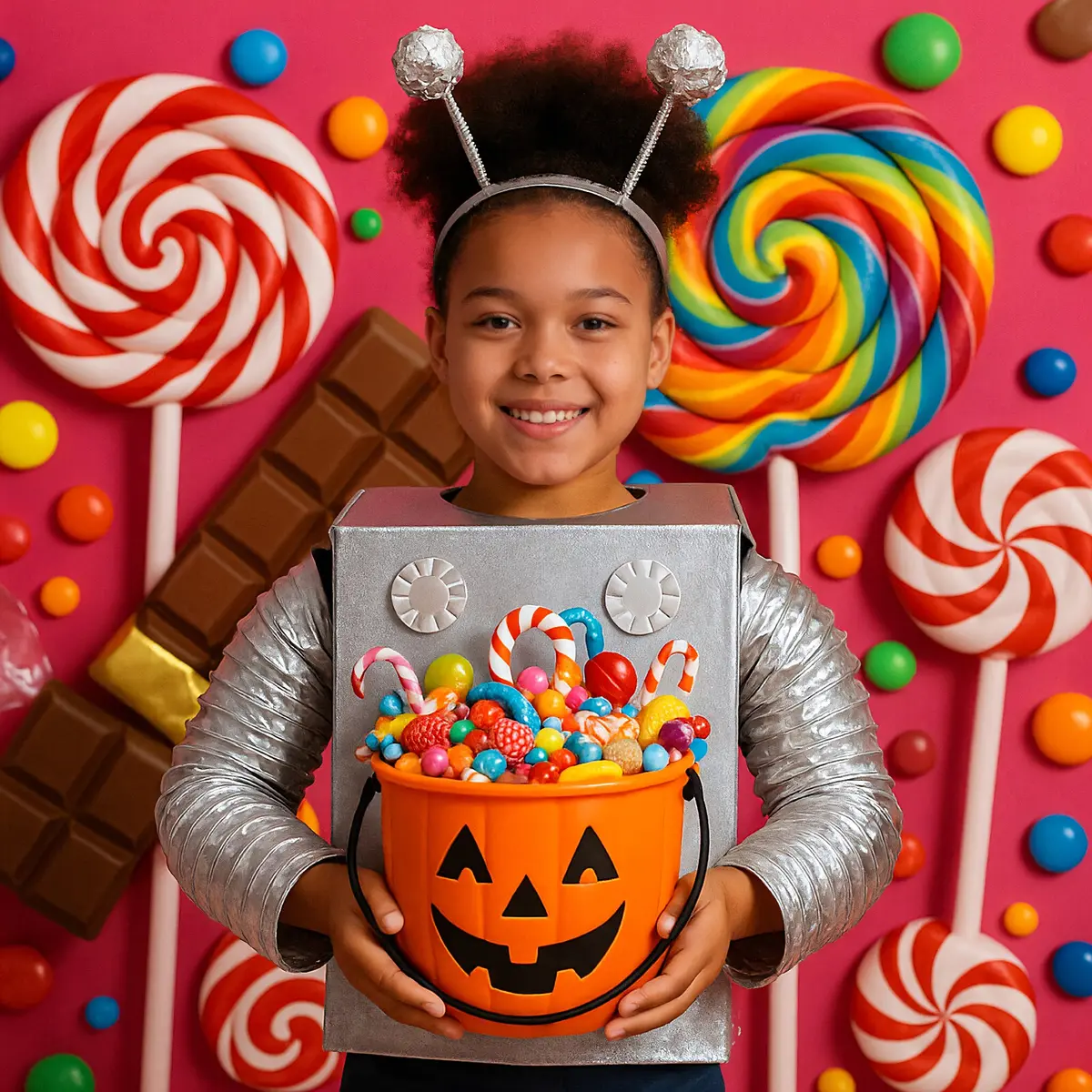 Child inside a colorful candy themed Halloween scene