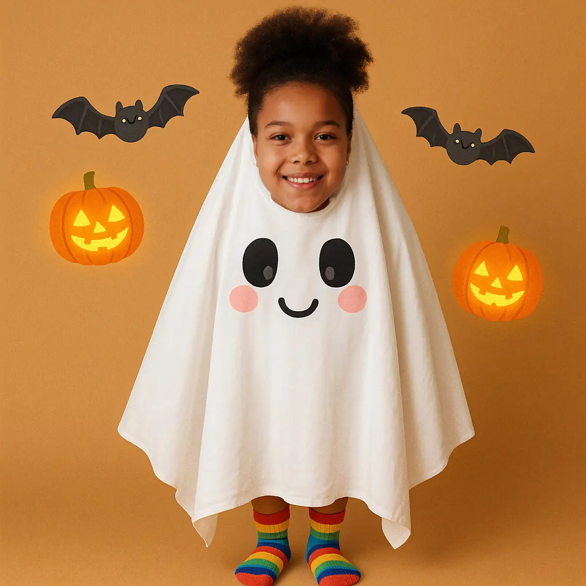 Child dressed as a friendly ghost in a playful Halloween scene