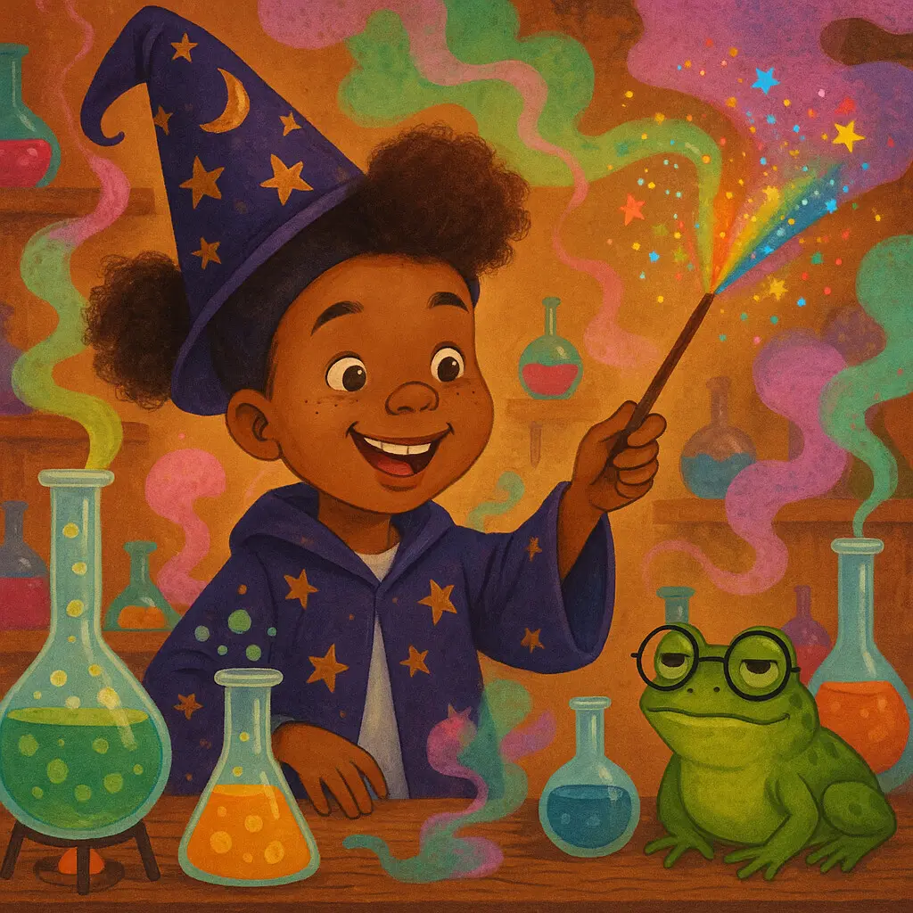 Child inside a colorful magic potion lab