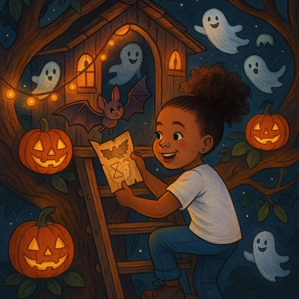 Child exploring a friendly haunted treehouse