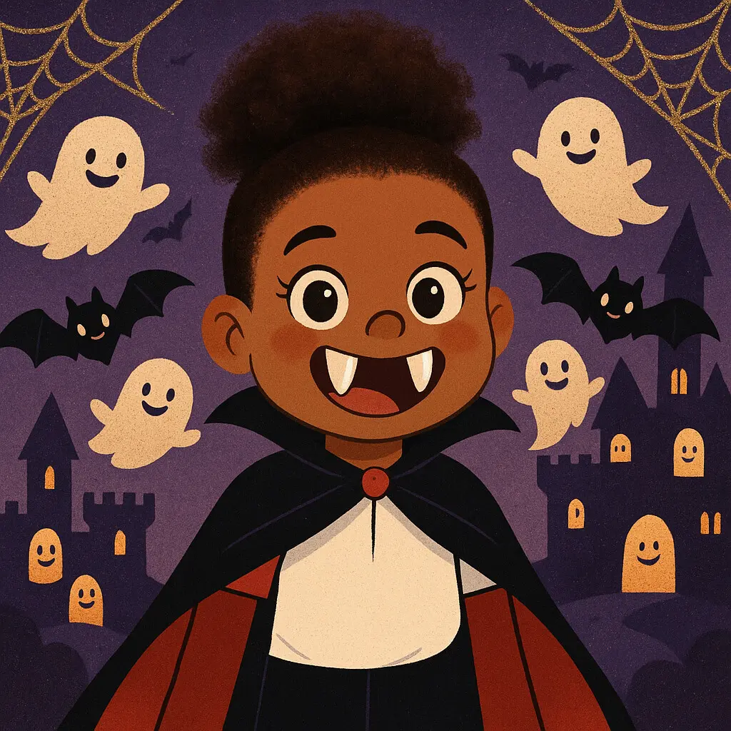 Child transformed into a friendly cartoon vampire