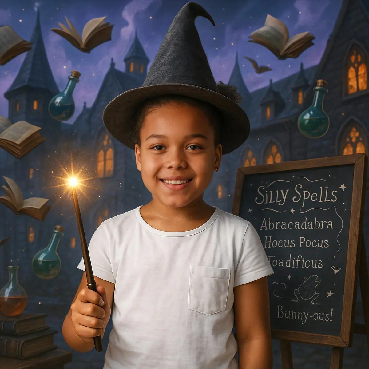 Child inside a playful wizard academy scene